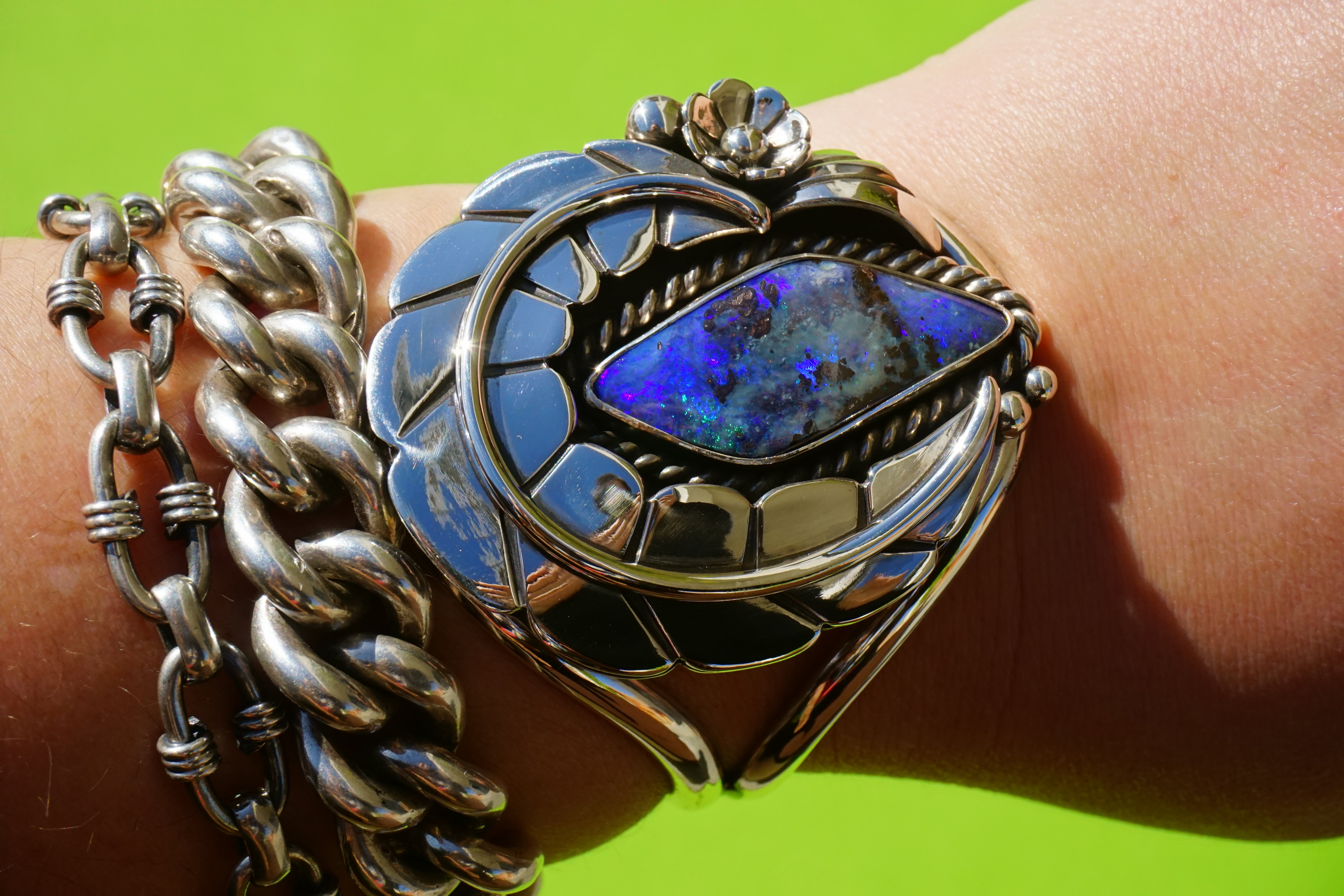 boulder opal xl leafy cuff. size: m/l