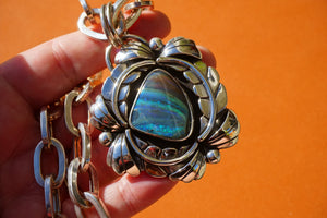 australian boulder opal leafy pendant with vintage paperclip chain.